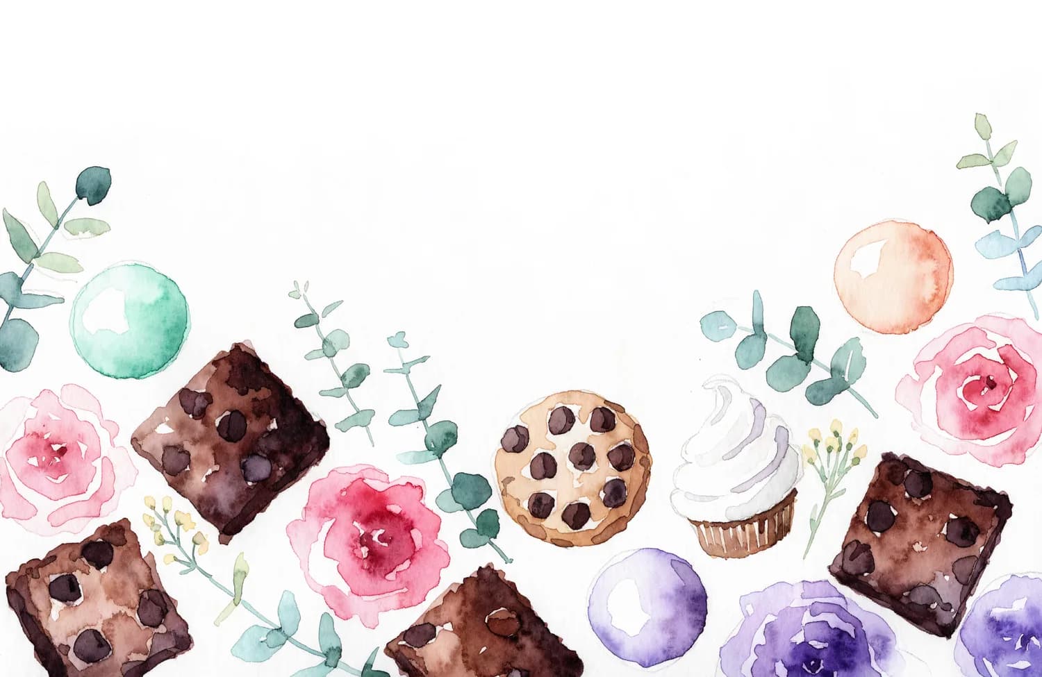 A watercolor spread of assorted small-batch sweets with roses